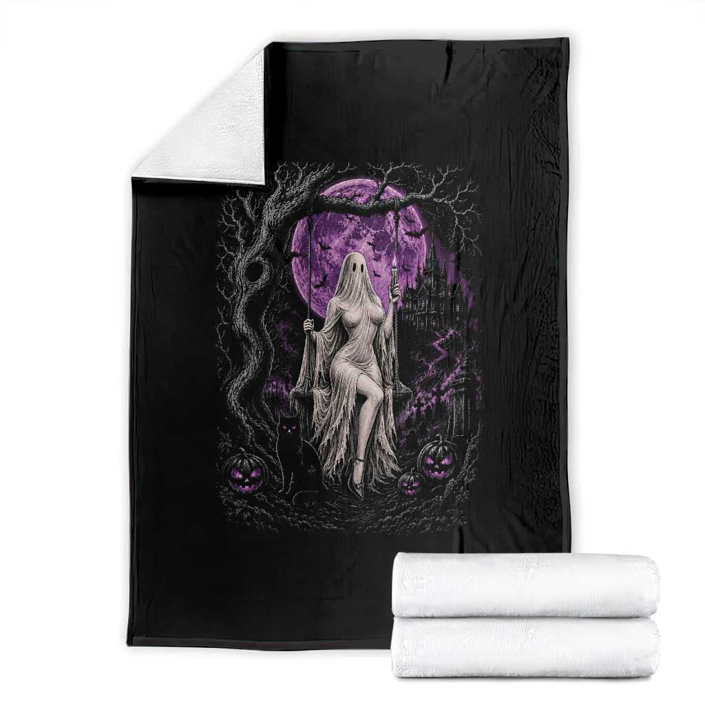 Mystical Ghost Girl Halloween Throw Blanket Gothic Purple Moon Haunted Castle Art