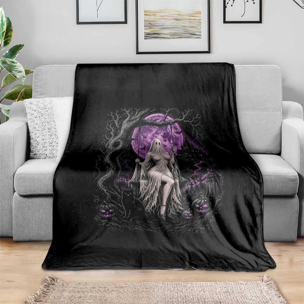 Mystical Ghost Girl Halloween Throw Blanket Gothic Purple Moon Haunted Castle Art