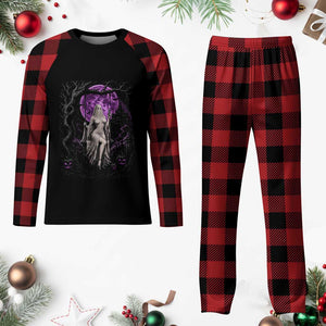 Mystical Ghost Girl Halloween Plaid Pajama Set Gothic Purple Moon Haunted Castle Art