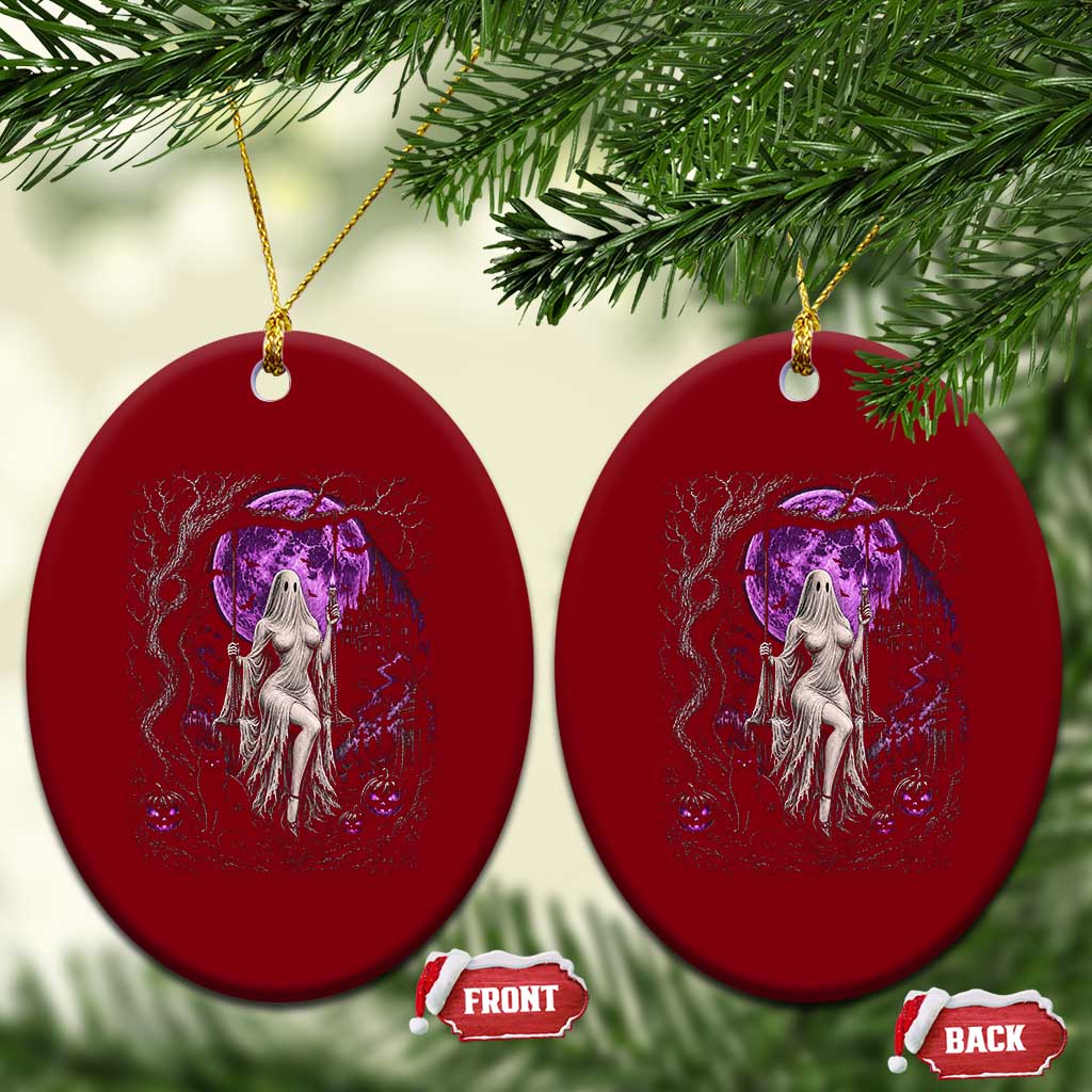 Mystical Ghost Girl Halloween Ceramic Ornament Gothic Purple Moon Haunted Castle Art