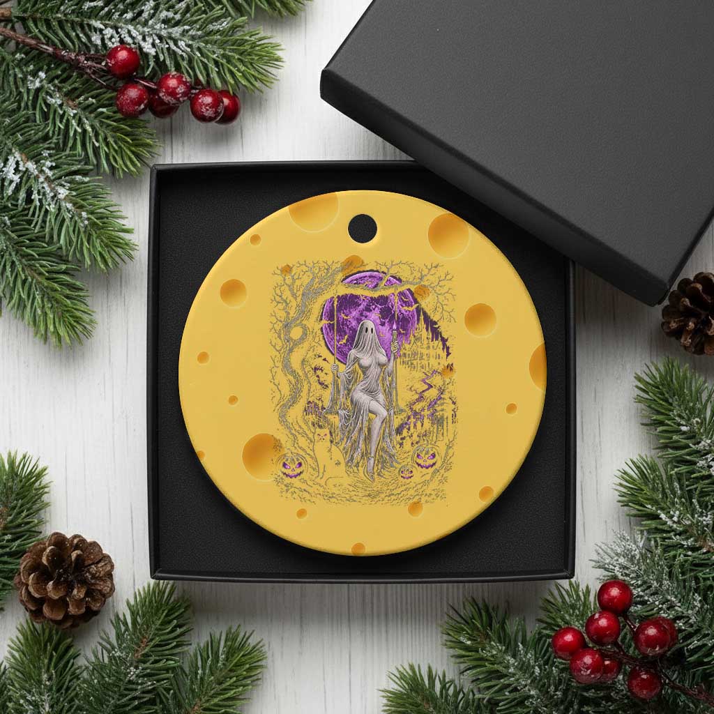 Mystical Ghost Girl Halloween Ceramic Ornament Gothic Purple Moon Haunted Castle Art