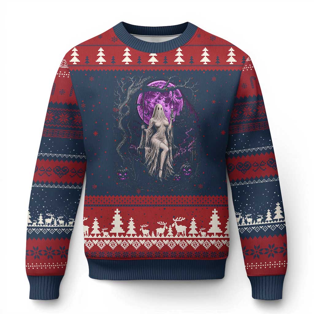 Mystical Ghost Girl Halloween Ugly Christmas Sweater Gothic Purple Moon Haunted Castle Art