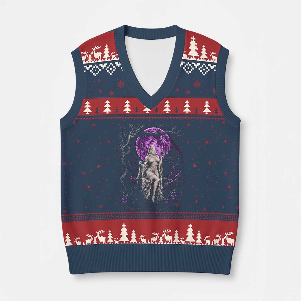 Mystical Ghost Girl Halloween V-Neck Knit Sweater Vest Gothic Purple Moon Haunted Castle Art