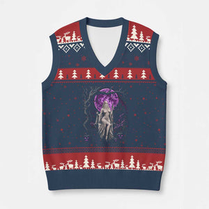 Mystical Ghost Girl Halloween V-Neck Knit Sweater Vest Gothic Purple Moon Haunted Castle Art