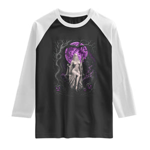 Mystical Ghost Girl Halloween Raglan Shirt Gothic Purple Moon Haunted Castle Art