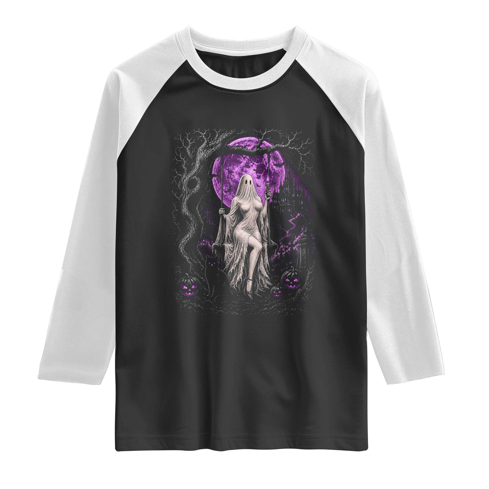 Mystical Ghost Girl Halloween Raglan Shirt Gothic Purple Moon Haunted Castle Art TS12 Black White Print Your Wear