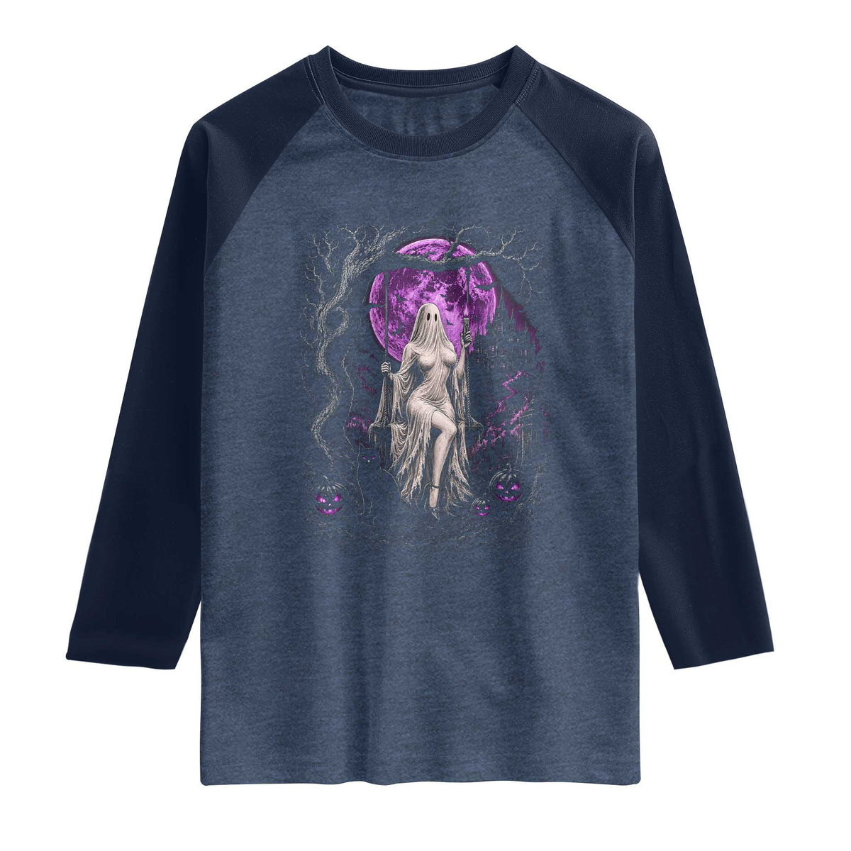 Mystical Ghost Girl Halloween Raglan Shirt Gothic Purple Moon Haunted Castle Art