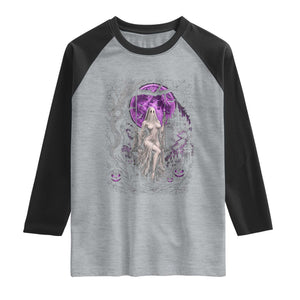 Mystical Ghost Girl Halloween Raglan Shirt Gothic Purple Moon Haunted Castle Art