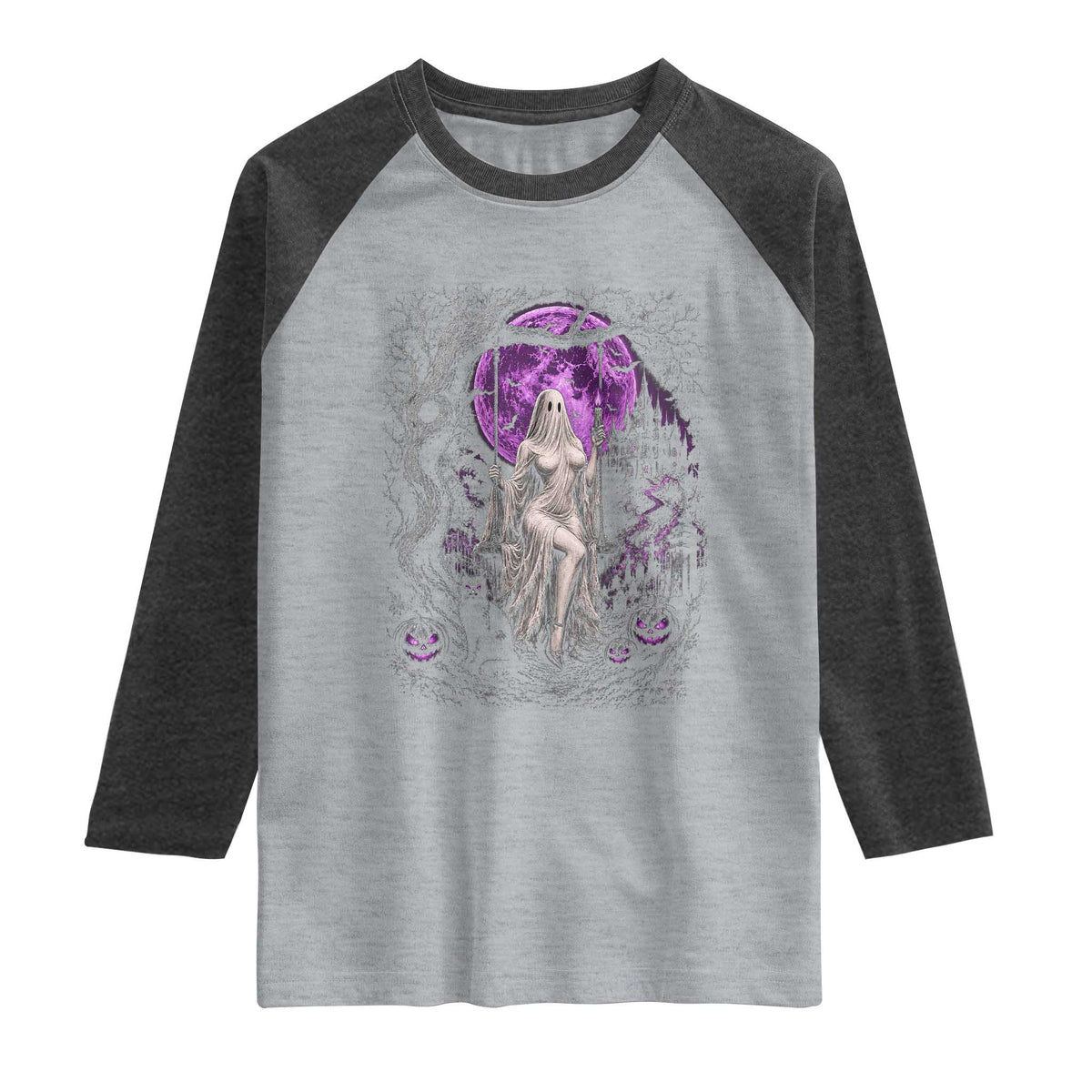 Mystical Ghost Girl Halloween Raglan Shirt Gothic Purple Moon Haunted Castle Art
