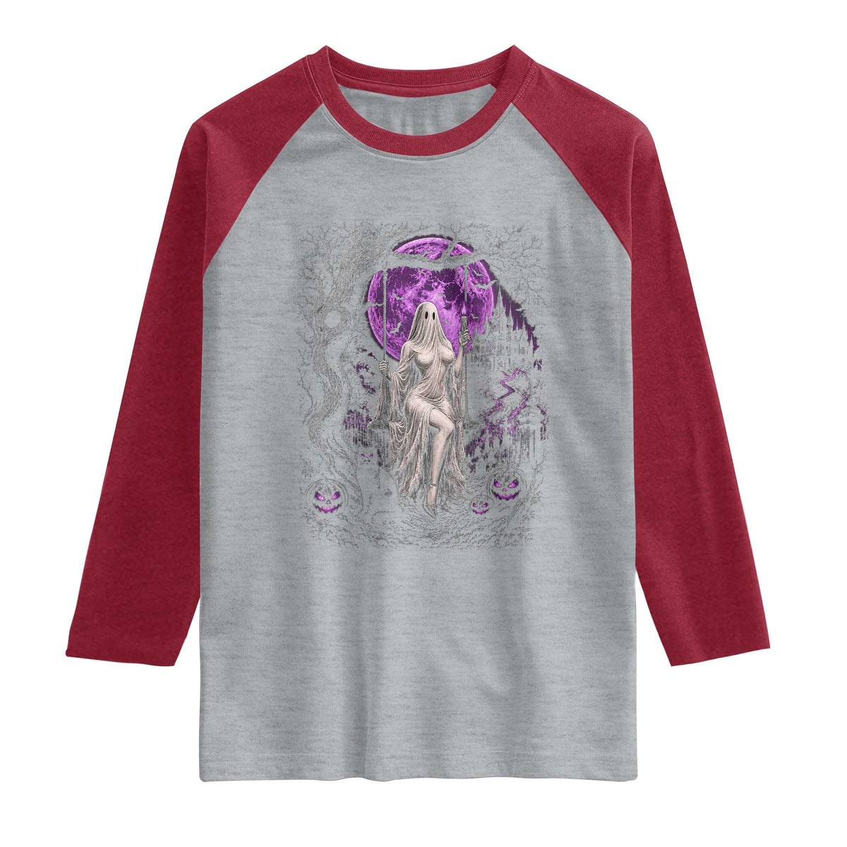 Mystical Ghost Girl Halloween Raglan Shirt Gothic Purple Moon Haunted Castle Art