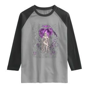 Mystical Ghost Girl Halloween Raglan Shirt Gothic Purple Moon Haunted Castle Art