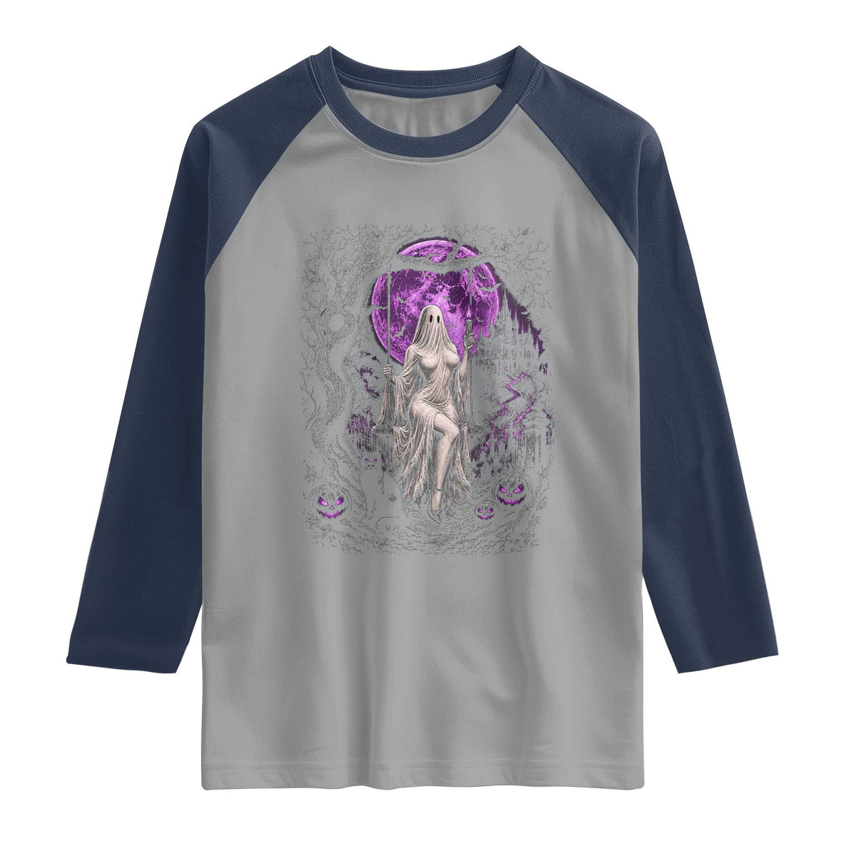 Mystical Ghost Girl Halloween Raglan Shirt Gothic Purple Moon Haunted Castle Art