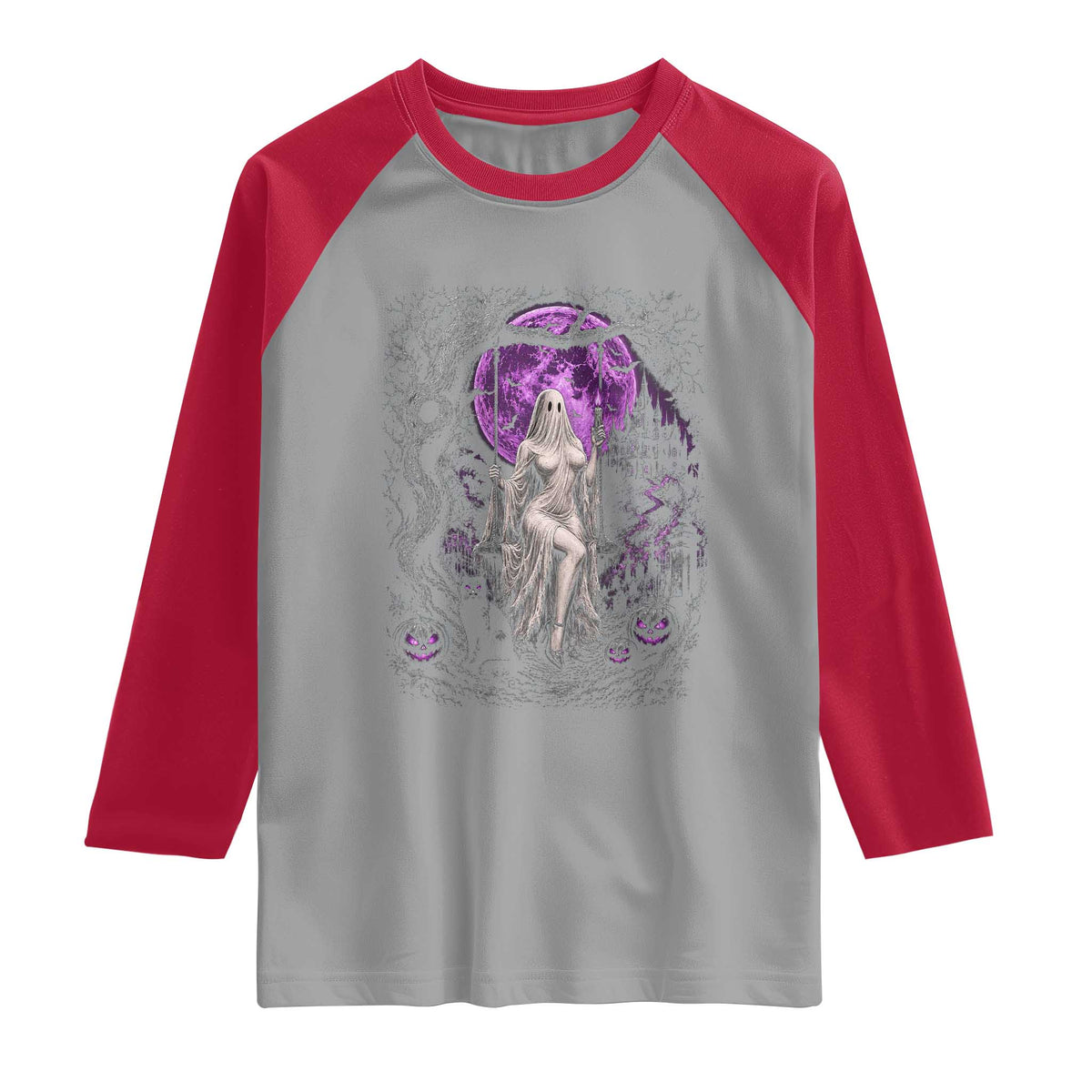 Mystical Ghost Girl Halloween Raglan Shirt Gothic Purple Moon Haunted Castle Art