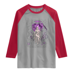 Mystical Ghost Girl Halloween Raglan Shirt Gothic Purple Moon Haunted Castle Art