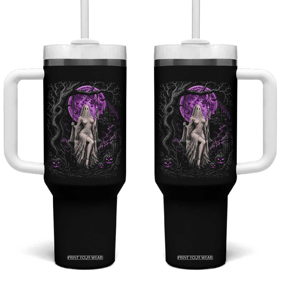 Mystical Ghost Girl Halloween Tumbler With Handle Gothic Purple Moon Haunted Castle Art TS12 One Size: 40 oz Black Print Your Wear