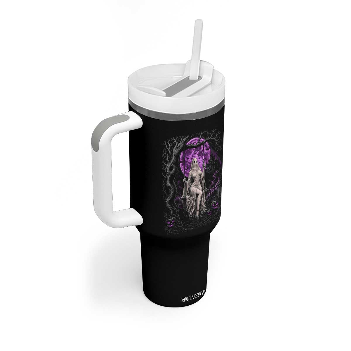 Mystical Ghost Girl Halloween Tumbler With Handle Gothic Purple Moon Haunted Castle Art TS12 Print Your Wear
