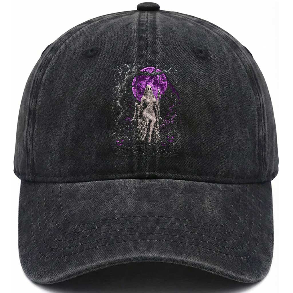 Mystical Ghost Girl Halloween Washed Cotton Baseball Cap Gothic Purple Moon Haunted Castle Art