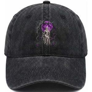 Mystical Ghost Girl Halloween Washed Cotton Baseball Cap Gothic Purple Moon Haunted Castle Art