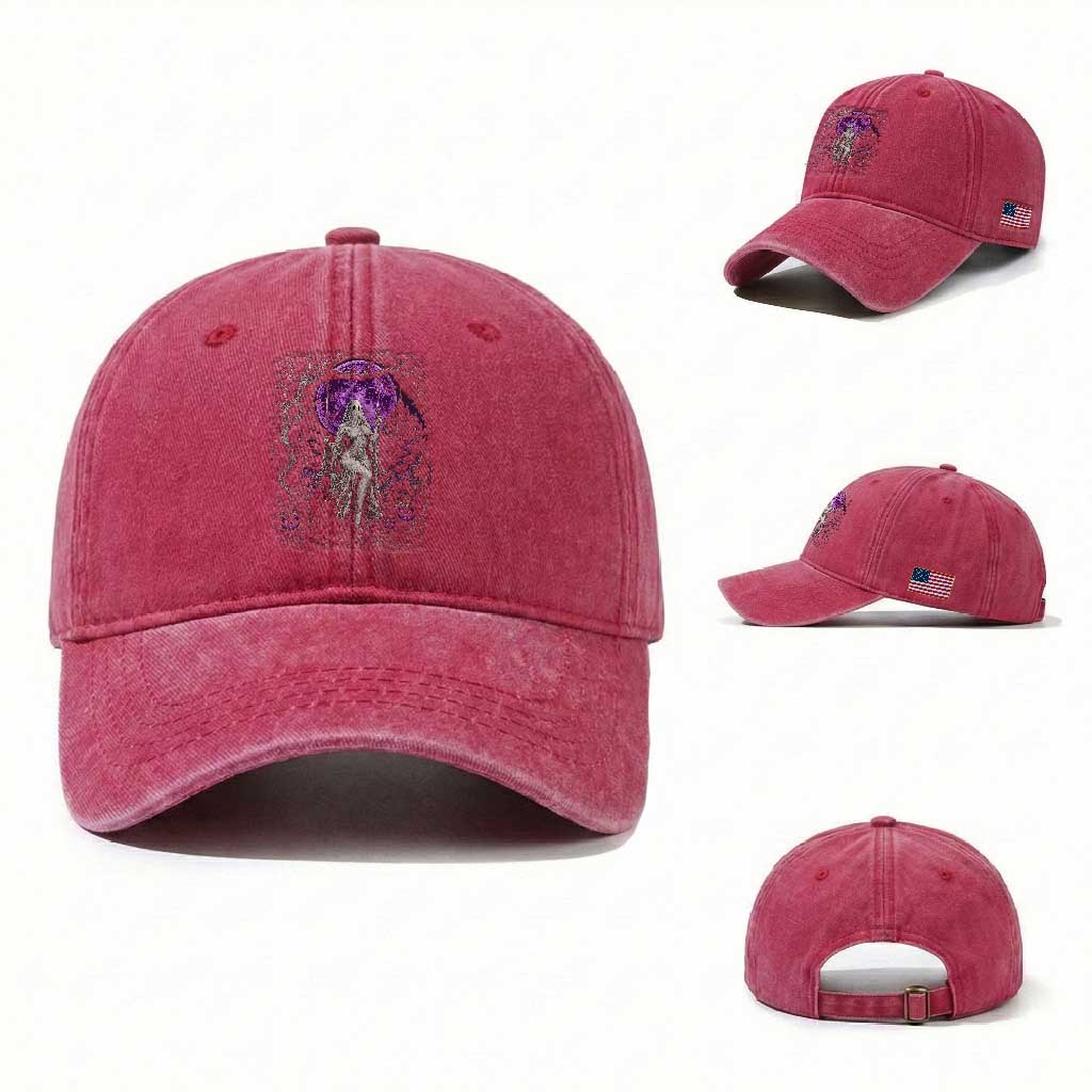 Mystical Ghost Girl Halloween Washed Cotton Baseball Cap Gothic Purple Moon Haunted Castle Art