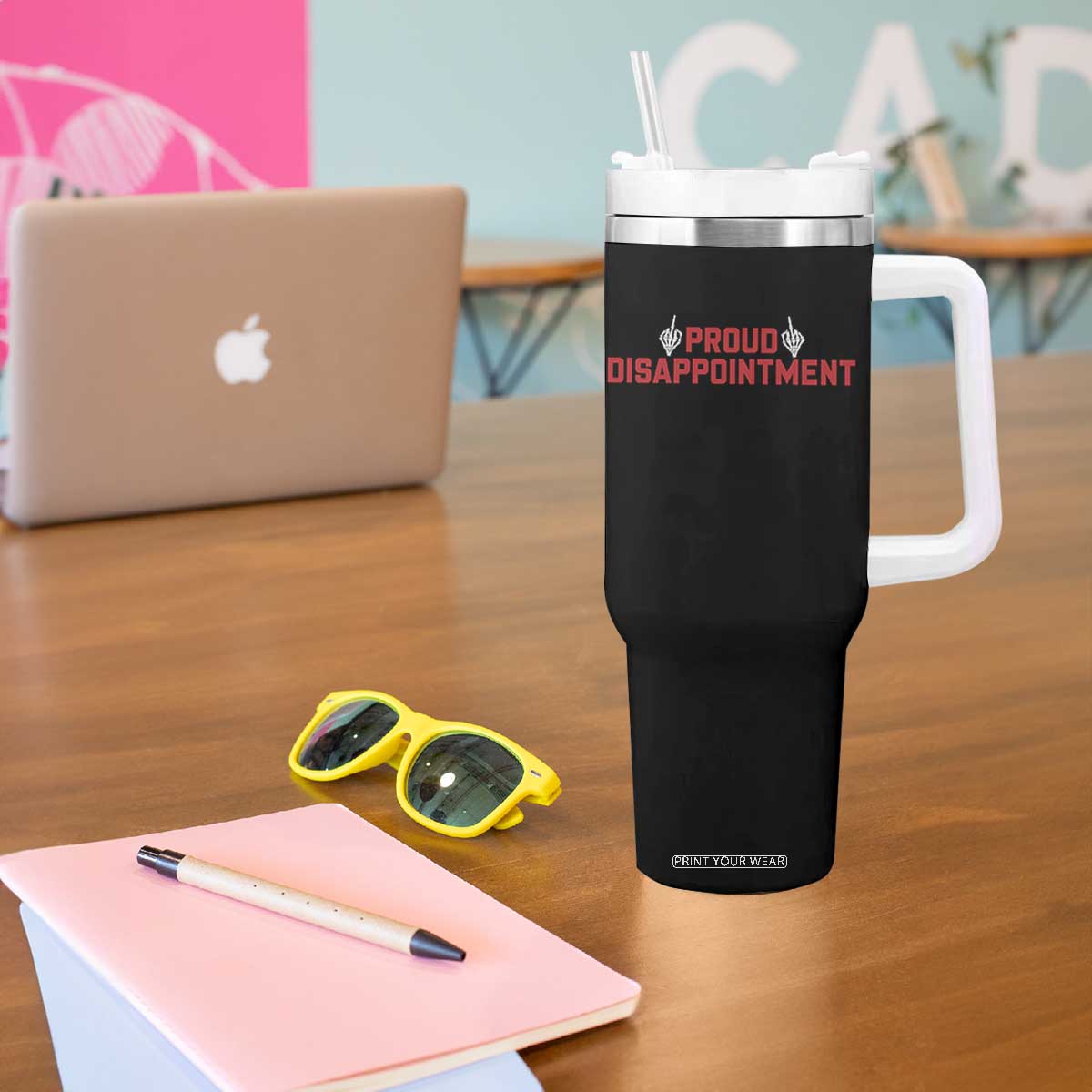 Proud Disappointment Skeleton Middle Fingers Badge Tumbler With Handle Funny Sarcastic Dark Humor TS12 Print Your Wear