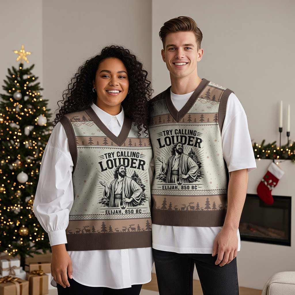 Funny Christian Elijah Faith V-Neck Knit Sweater Vest Try Calling Louder 850 BC Bible Graphic