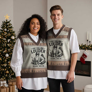 Funny Christian Elijah Faith V-Neck Knit Sweater Vest Try Calling Louder 850 BC Bible Graphic