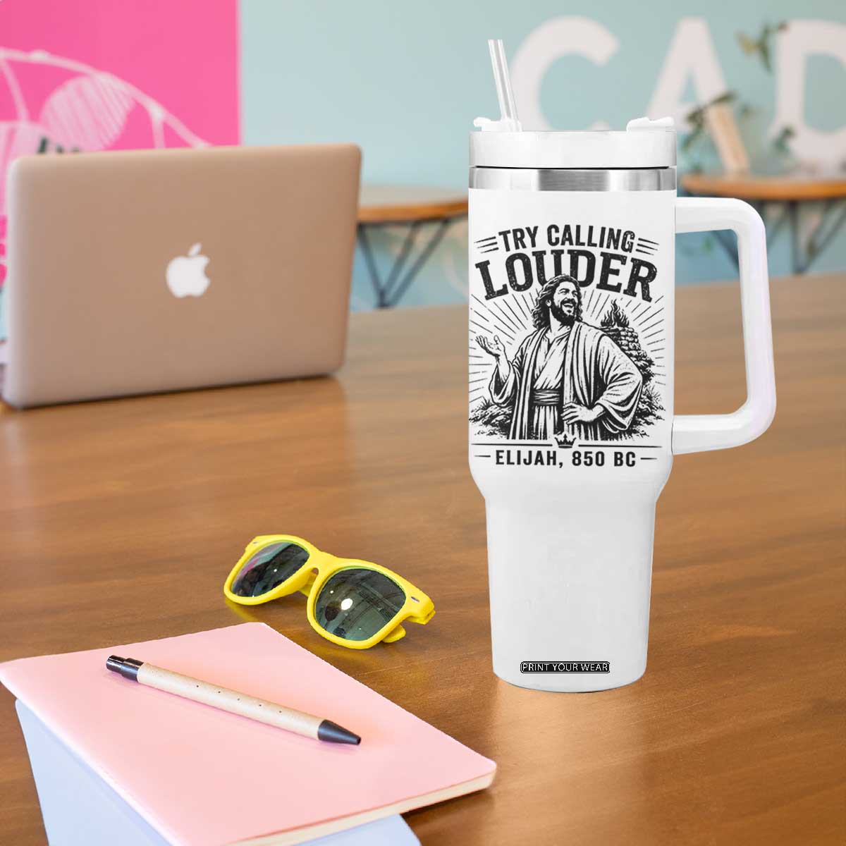 Funny Christian Elijah Faith Tumbler With Handle Try Calling Louder 850 BC Bible Graphic TS12 Print Your Wear