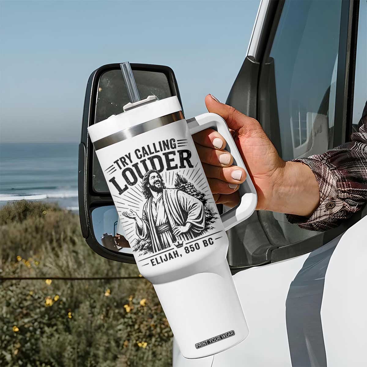 Funny Christian Elijah Faith Tumbler With Handle Try Calling Louder 850 BC Bible Graphic TS12 Print Your Wear