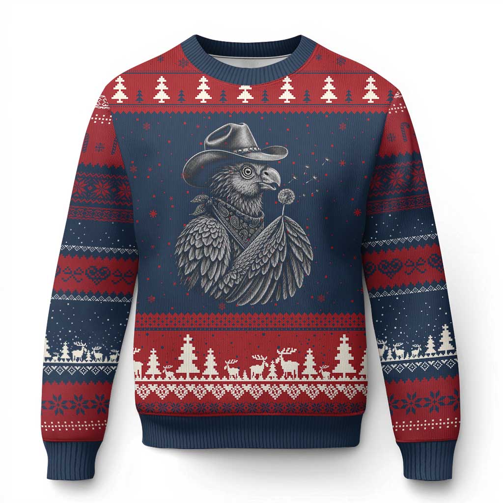 Funny Cowboy Hoatzin Ugly Christmas Sweater Blowing Dandelion Western Bird Gift
