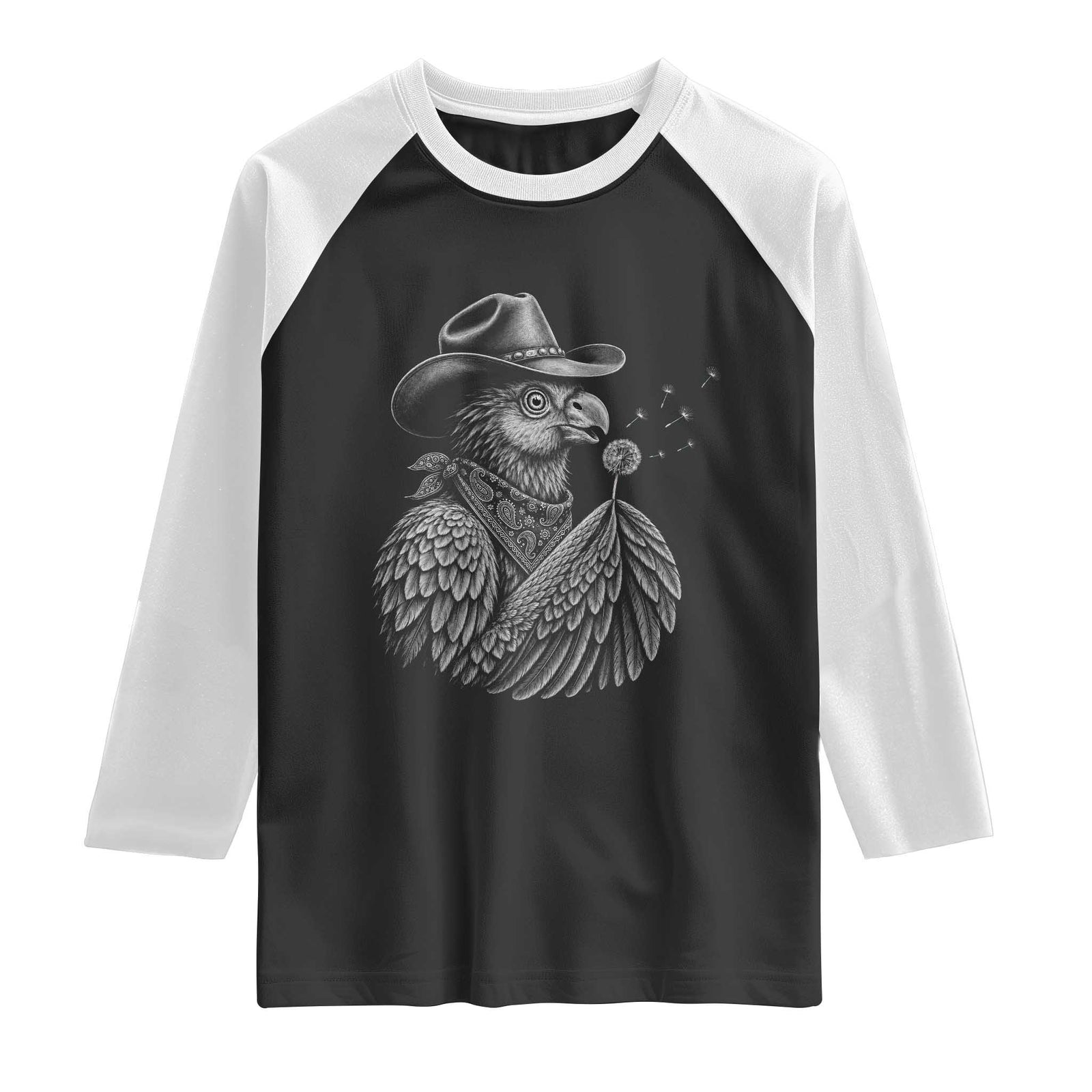 Funny Cowboy Hoatzin Raglan Shirt Blowing Dandelion Western Bird Gift TS12 Black White Print Your Wear