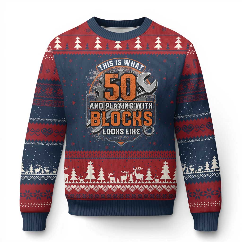 Funny 50th Birthday Mechanic Ugly Christmas Sweater This Is What 50 And Playing With Blocks Looks Like