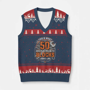 Funny 50th Birthday Mechanic V-Neck Knit Sweater Vest This Is What 50 And Playing With Blocks Looks Like