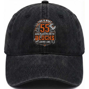 Funny 55th Birthday Mechanic Washed Cotton Baseball Cap This Is What 55 And Playing With Blocks Looks Like