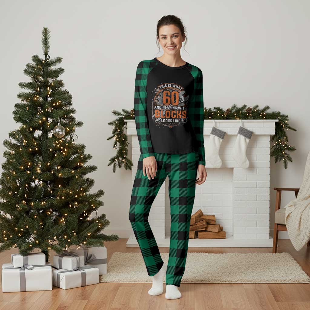 Funny 60th Birthday Mechanic Plaid Pajama Set This Is What 60 And Playing With Blocks Looks Like