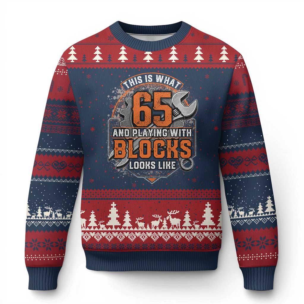 Funny 65th Birthday Mechanic Ugly Christmas Sweater This Is What 65 And Playing With Blocks Looks Like