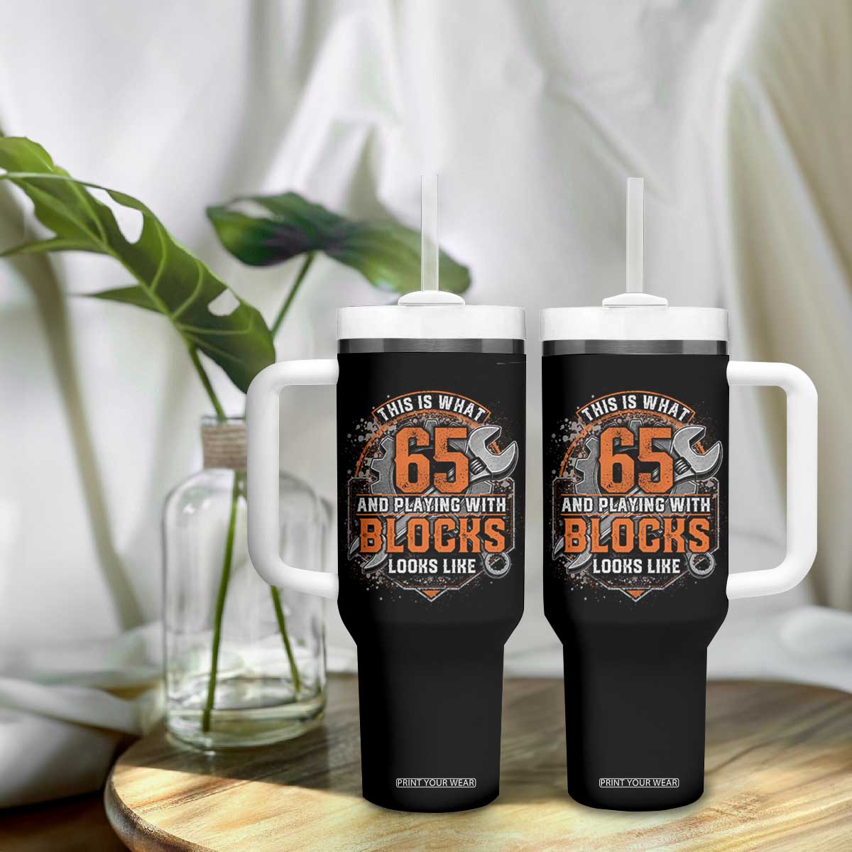 Funny 65th Birthday Mechanic Tumbler With Handle This Is What 65 And Playing With Blocks Looks Like TS12 Print Your Wear