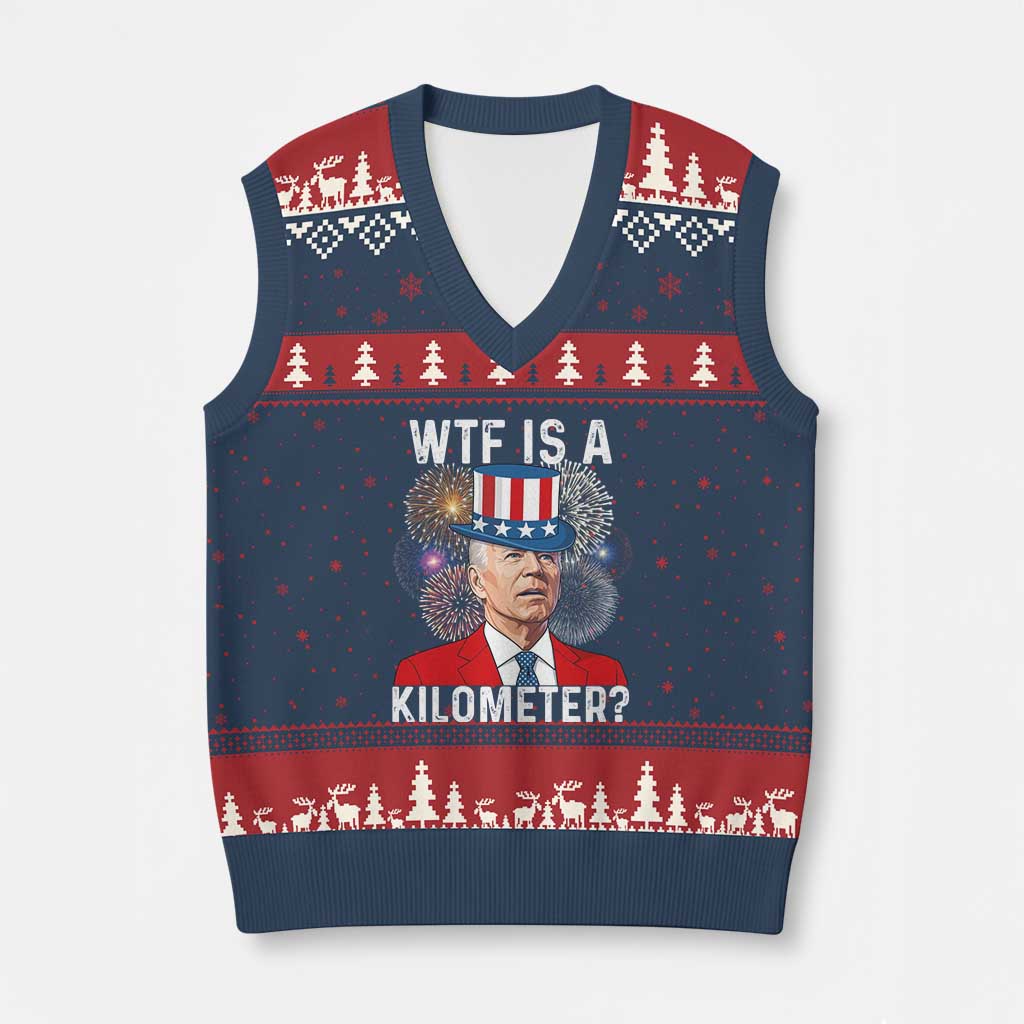 WTF is A Kilometer V-Neck Knit Sweater Vest Funny 4th of July TS14 Navy Red Print Your Wear