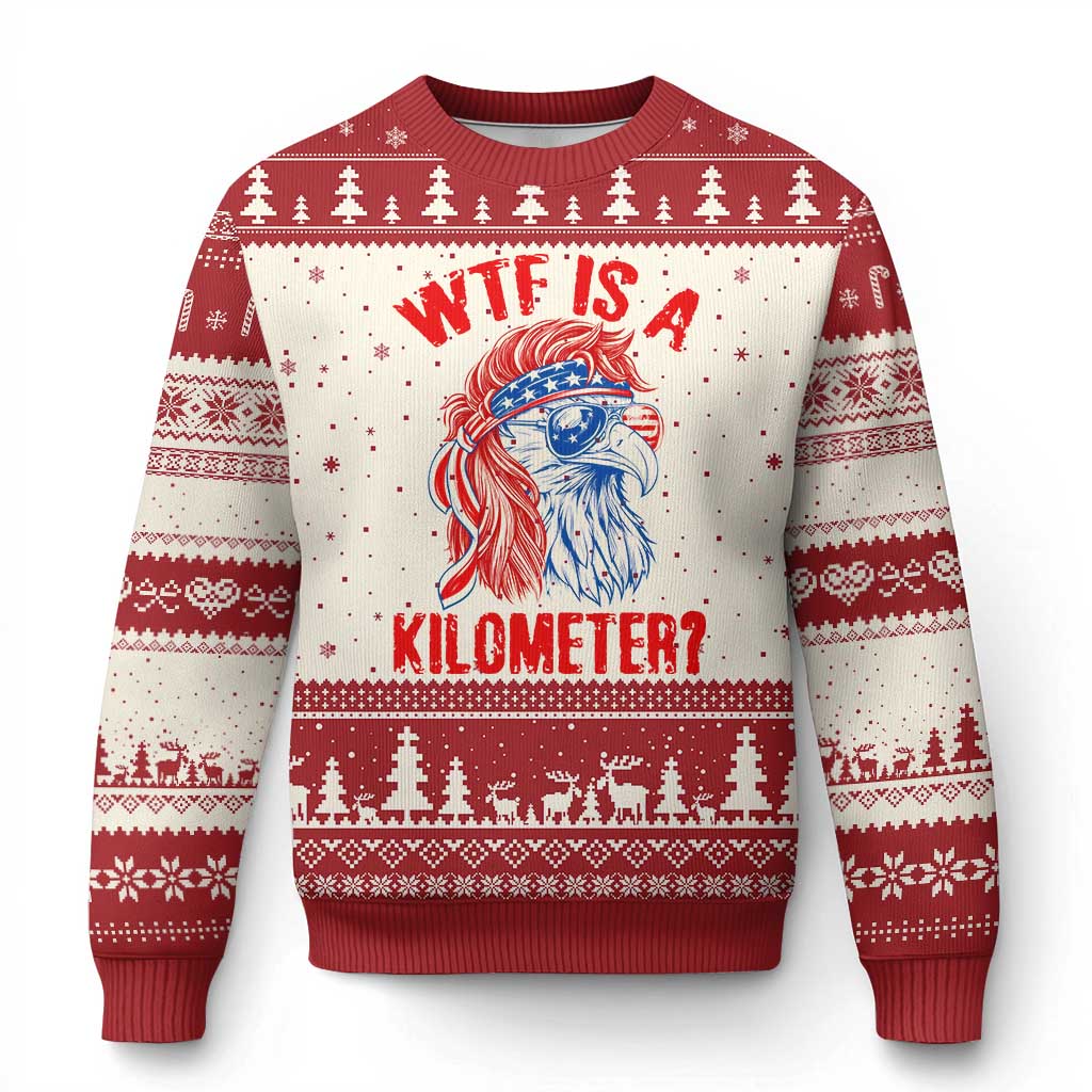 WTF is A Kilometer Ugly Christmas Sweater Patriotic Eagle 4th of July USA American Flag