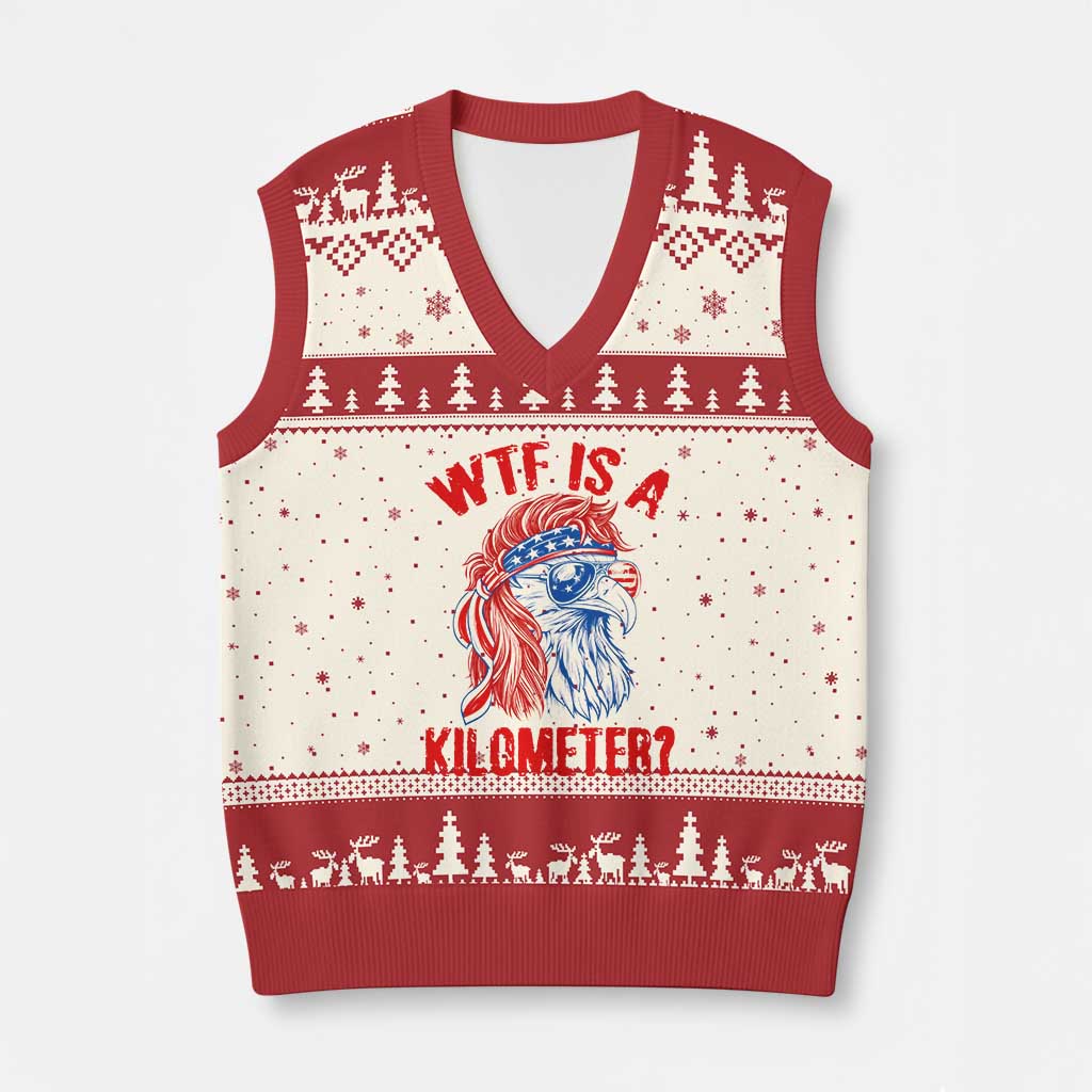 WTF is A Kilometer V-Neck Knit Sweater Vest Patriotic Eagle 4th of July USA American Flag