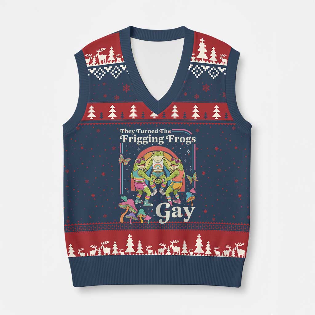 They Turned The Frigging Frogs Gay V-Neck Knit Sweater Vest Funny LGBTQ Pride Month