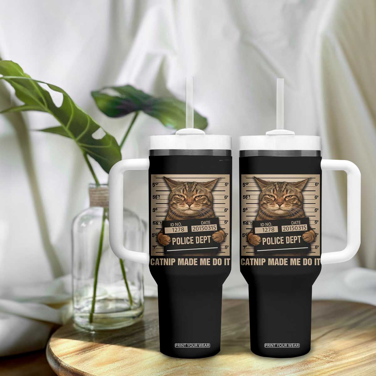 Funny Cat Mugshot Tumbler With Handle Catnip Made Me Do It TS14 Print Your Wear