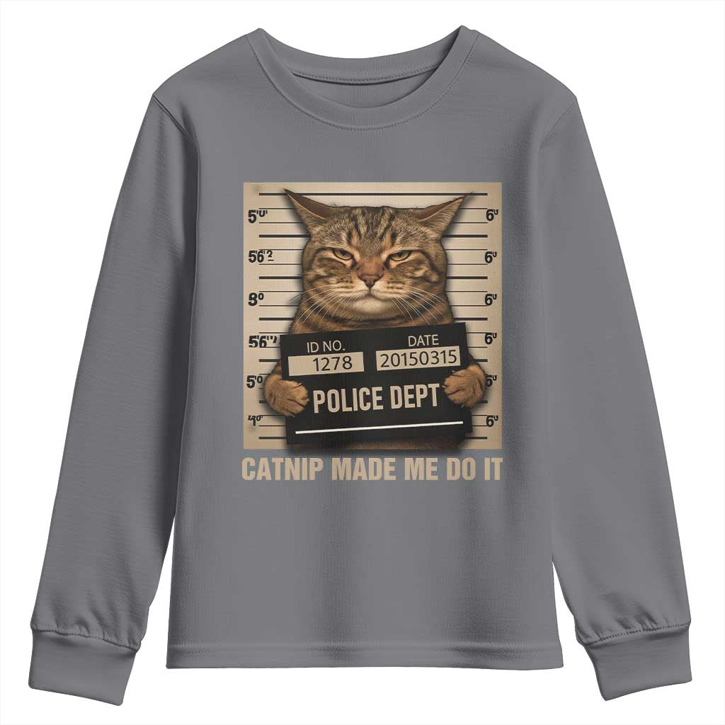 Funny Cat Mugshot Youth Sweatshirt Catnip Made Me Do It TS14 Charcoal Print Your Wear