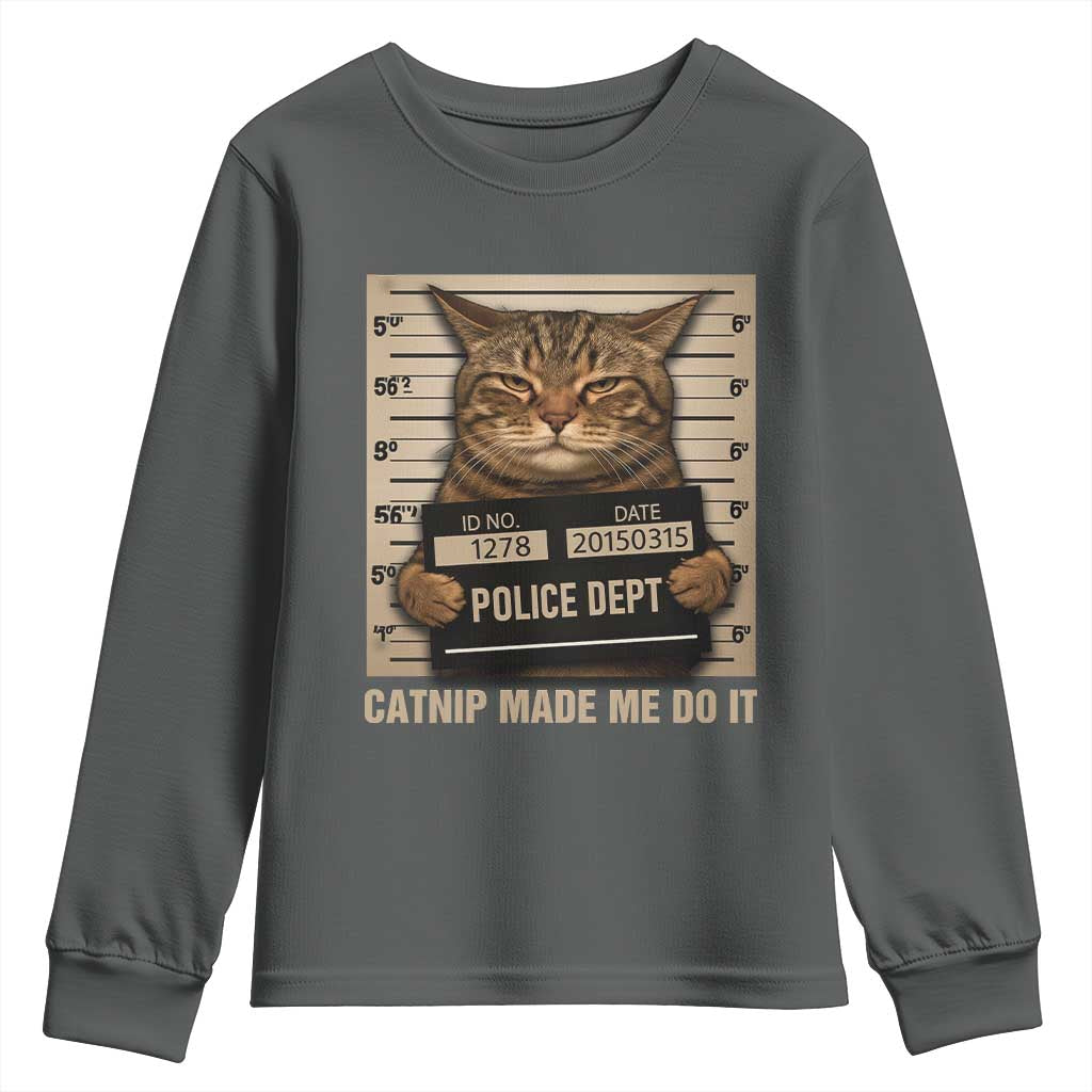 Funny Cat Mugshot Youth Sweatshirt Catnip Made Me Do It TS14 Dark Heather Print Your Wear