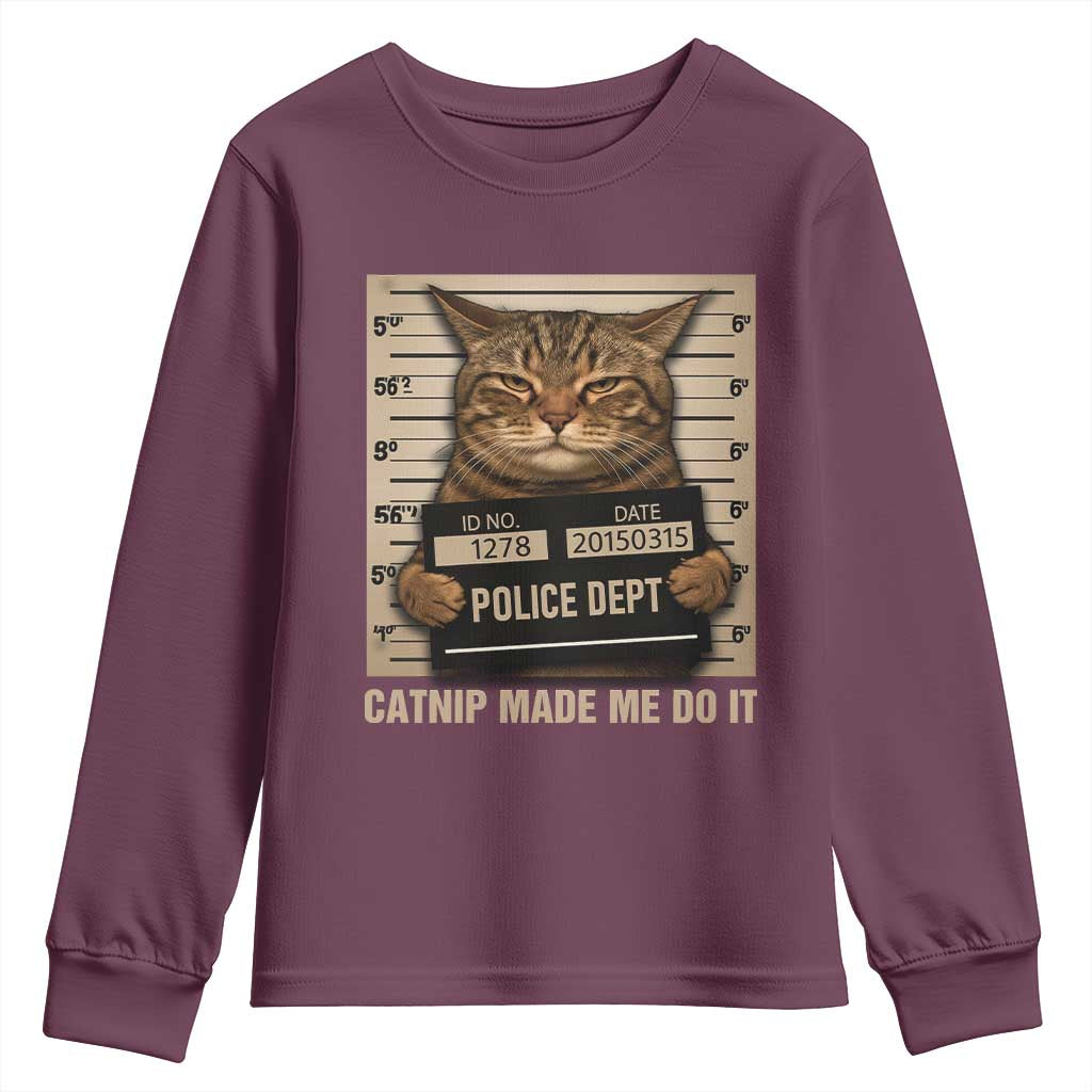 Funny Cat Mugshot Youth Sweatshirt Catnip Made Me Do It TS14 Maroon Print Your Wear