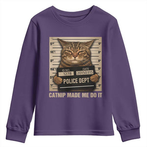 Funny Cat Mugshot Youth Sweatshirt Catnip Made Me Do It TS14 Purple Print Your Wear
