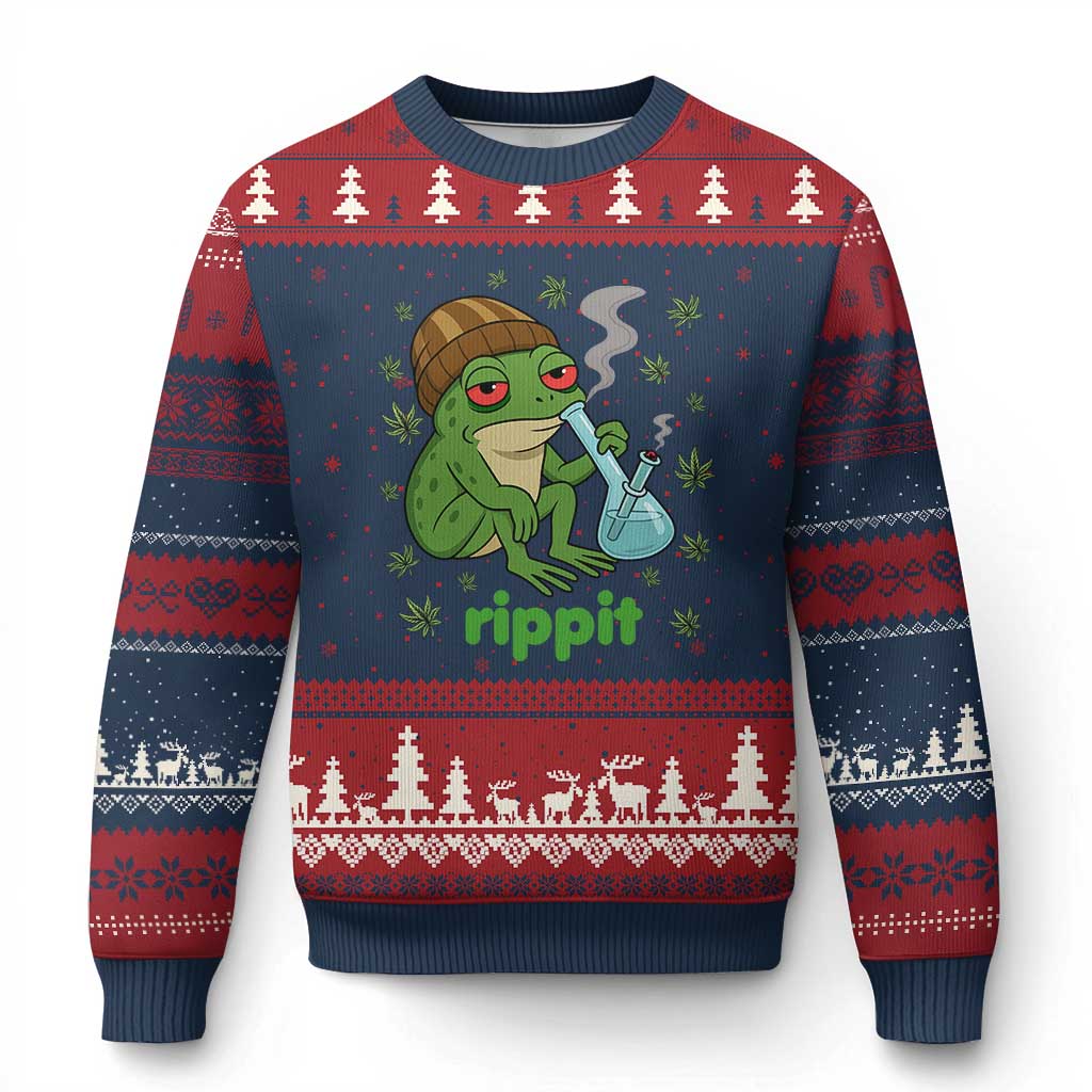Rippit Frog Ugly Christmas Sweater Funny 420 Stoner Weed Humor TS14 Navy Red Print Your Wear