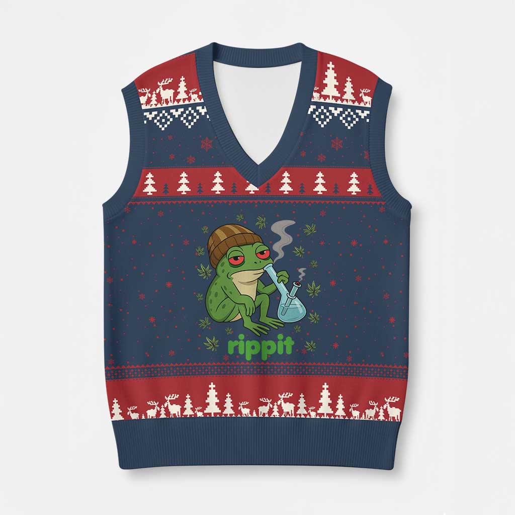 Rippit Frog V-Neck Knit Sweater Vest Funny 420 Stoner Weed Humor TS14 Navy Red Print Your Wear
