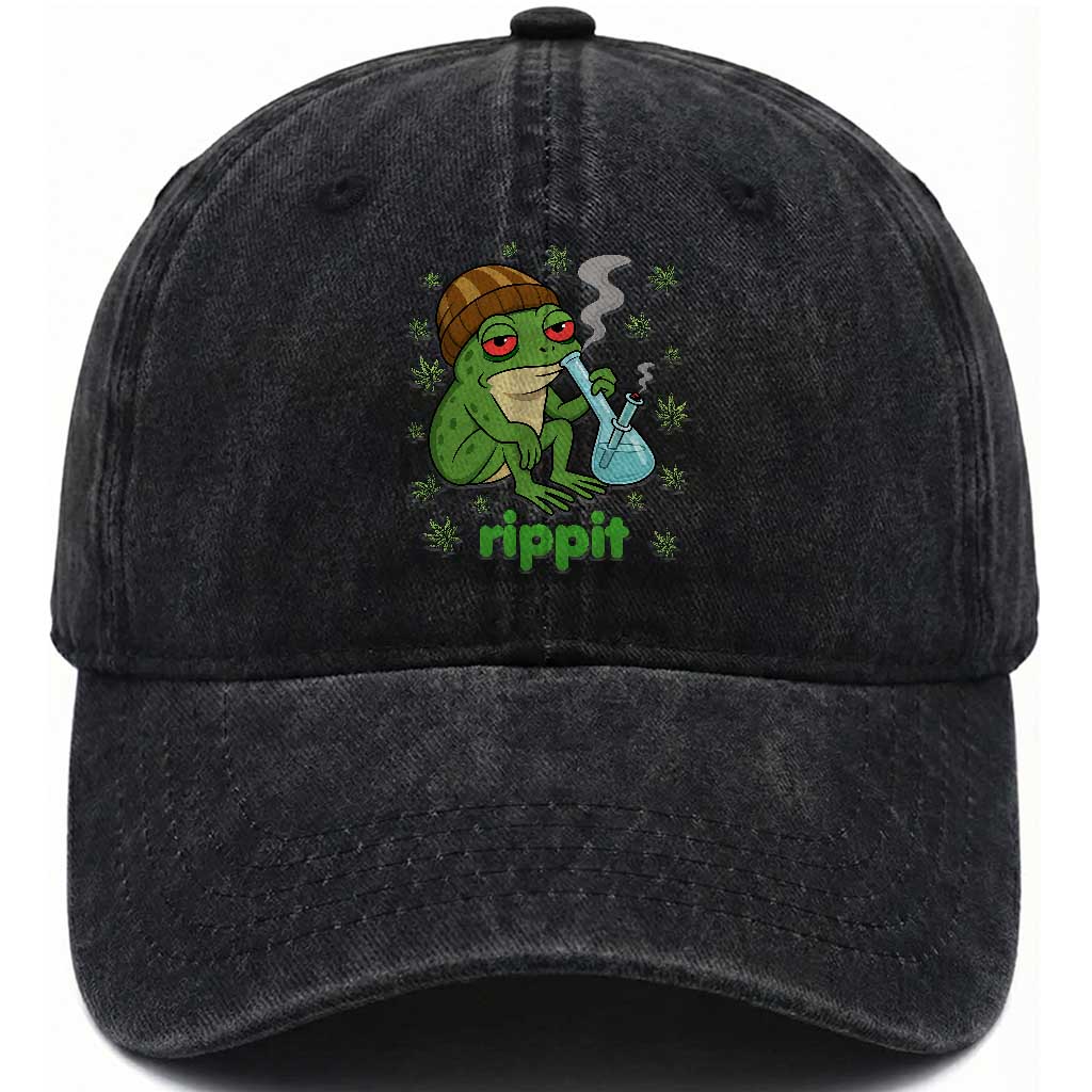 Rippit Frog Washed Cotton Baseball Cap Funny 420 Stoner Weed Humor TS14 Washed Cap Universal Fit Black Print Your Wear