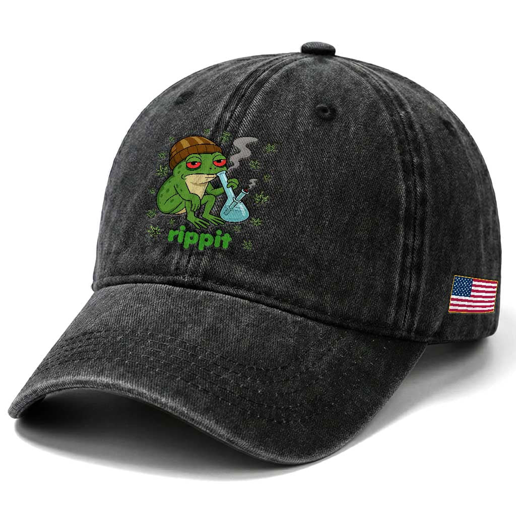 Rippit Frog Washed Cotton Baseball Cap Funny 420 Stoner Weed Humor TS14 Print Your Wear
