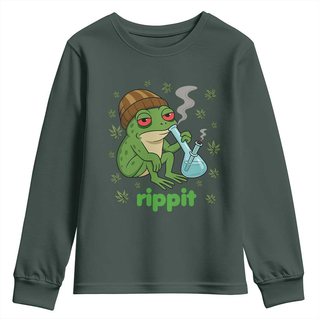 Rippit Frog Youth Sweatshirt Funny 420 Stoner Weed Humor TS14 Dark Forest Green Print Your Wear